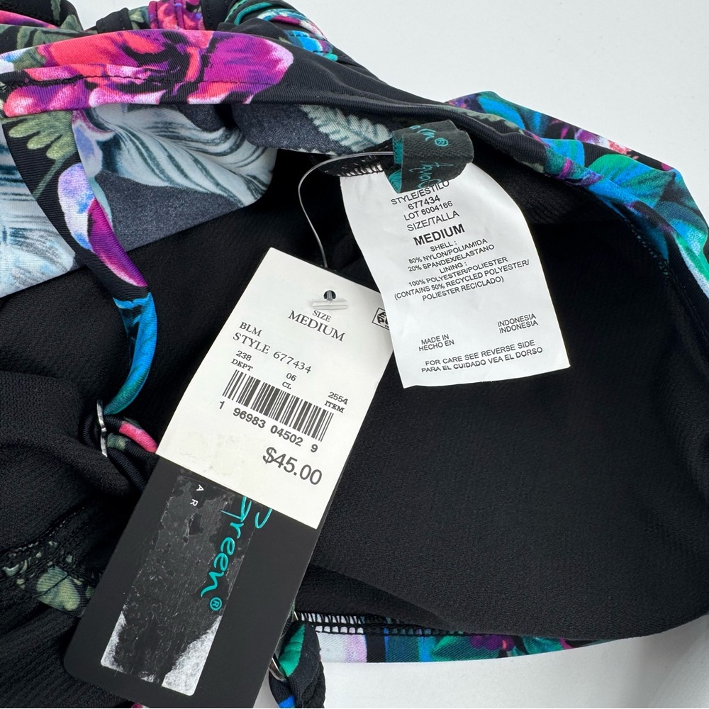 Aqua Green Black Floral Waist Detail One Piece Swimsuit Size Medium - Picture 6 of 6